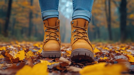 Close-up of tan boots on autumn leaves.