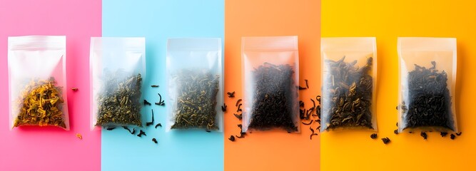 A clean, symmetrical flat lay of different types of tea bags on a colorful background