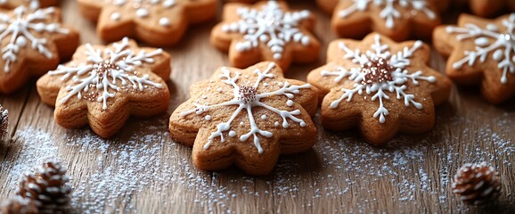 Close-up of star-shaped gingerbread cookies decorated with snowflake icing, dusted with powdered sugar on a wooden surface.
