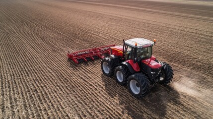 Fototapeta premium Tractor plowing field, aerial view, sunset