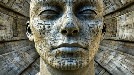 Enigmatic sculpture with intricate patterns set against a textured backdrop showcasing a blend of art and technology - Powered by Adobe