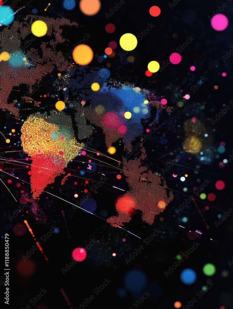 Poster global stats and big data concept with digital graphic colourful dotted world map and indicators on 