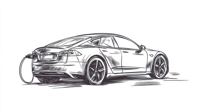 Electric car with plug hand drawn outline doodle icon. Eco car charging and recharge, green drive concept. Vector sketch illustration for print, web, mobile and infographics on white background. - Powered by Adobe