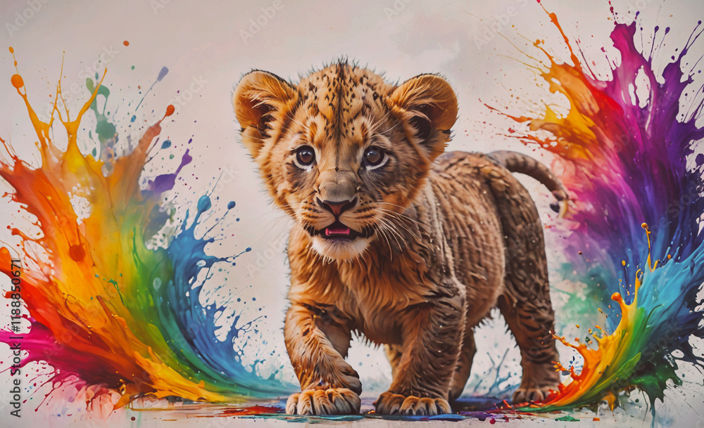Poster baby lion is standing in front of a rainbow. the lion is looking at the camera. the background is a 
