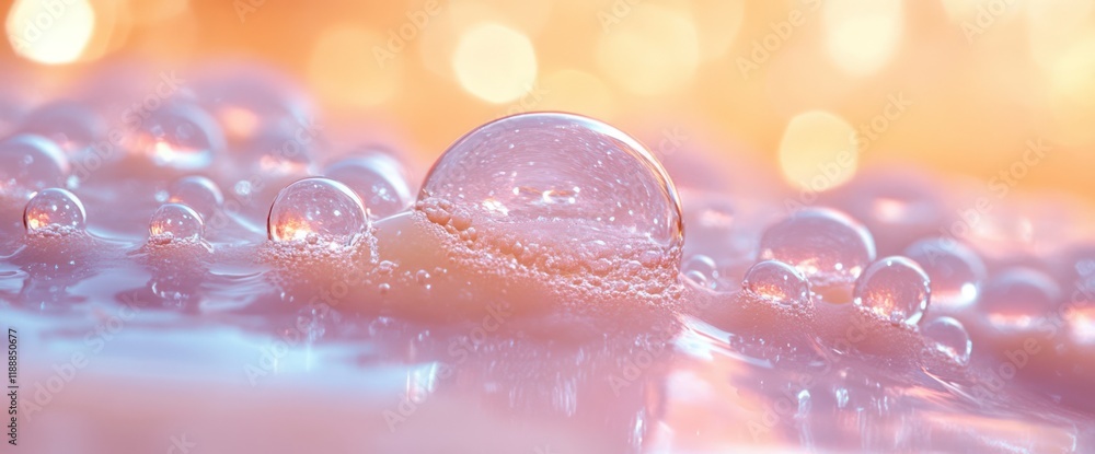 Poster close-up of water bubbles on a soft surface with a bokeh background.