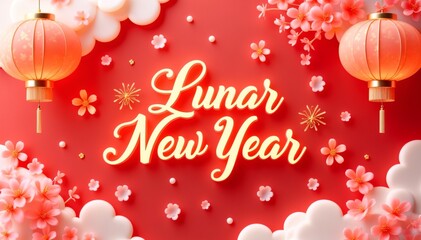 Elegant Lunar New Year Design with Illuminated Typography, Cherry Blossoms, and Lanterns