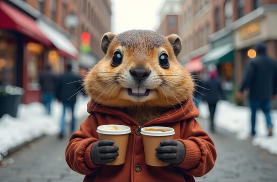 Groundhog Day. A groundhog on the streets of the city holds two cups of coffee in his hands - Powered by Adobe