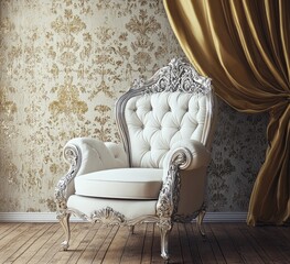 A Victorian-style armchair with ornate silver and cream coloring, sitting on an old wooden floor in front of vintage wallpaper, draped by gold curtains.