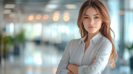 ボケたオフィスを背景に腕組みをした若く美しい金髪のビジネスウーマン