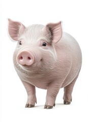 Charming young pig with pink ears and snout on white background.