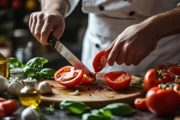 Chef skillfully slicing ripe tomatoes in a cozy kitchen culinary action vibrant ingredients on wooden cutting board fresh cooking environment close-up view