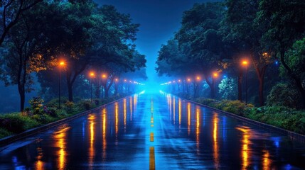 Rainy Night Road with Glowing Streetlights and Reflective Wet Asphalt