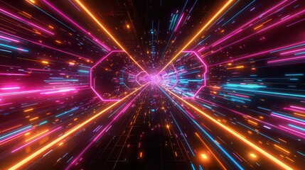 Circuit board with neon highlights in dark space 