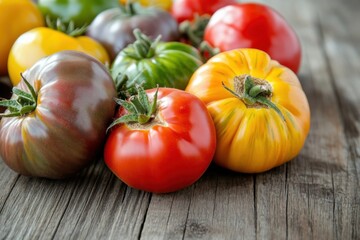 Vibrant heirloom tomatoes displayed on rustic wood surface closeup photography natural setting culinary delight and gardening inspiration