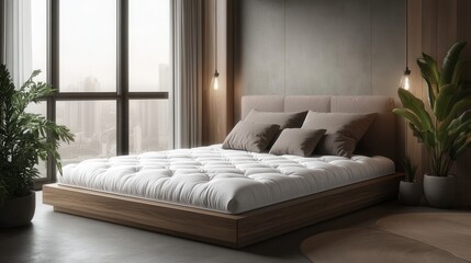 Modern platform bed with plush mattress, natural light. Perfect for showcasing comfort, relaxation, and modern bedroom design.