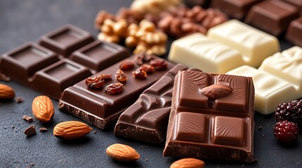 Chocolate bar with nuts and berries on dark background, closeup