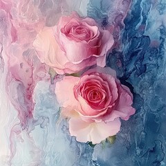 Delicate Pink Roses on Soft Blue and Pink Abstract Background
