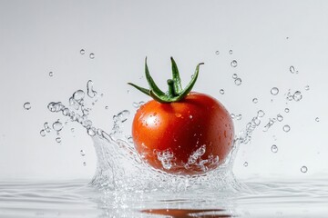 Vibrant tomato splashing into clear water kitchen photography culinary art studio environment close-up viewpoint fresh ingredients concept