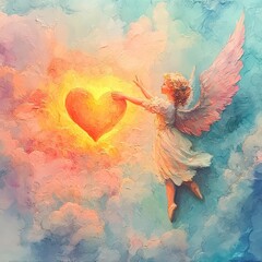 Angelic Figure Reaching for Heart Against Vibrant Sky Background