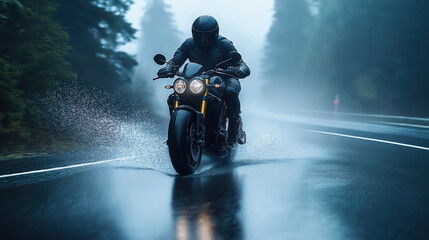 Biker rides motorcycle on wet foggy road. Water splashes around tires. Rider controls motorcycle through misty weather. Journey on a dark road. Adventure and speed. Focus on a biker in stormy weather.