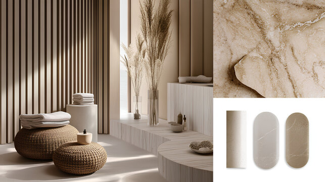 This mood board illustrates a calm spa atmosphere with soothing design elements, emphasizing natural materials and textures that promote relaxation and comfort