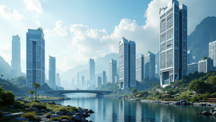 Futuristic sustainable city with green energy infrastructure by a serene lake.