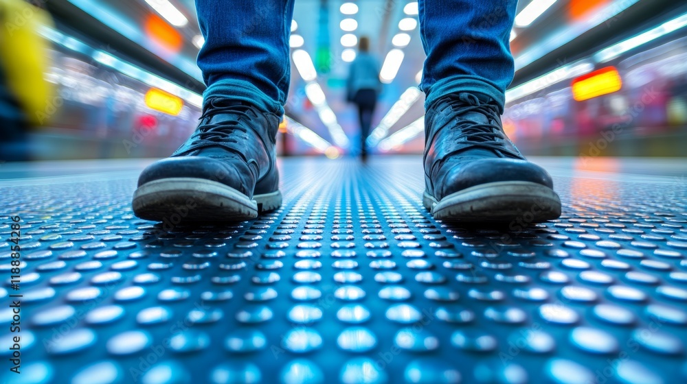 Poster urban commute close-up of shoes on subway platform with motion blur, modern architecture
