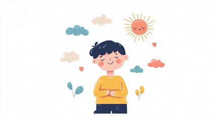Naklejka premium Colorful Kid's Illustration of Sun, Clouds & Rainbow in Wide Angle View