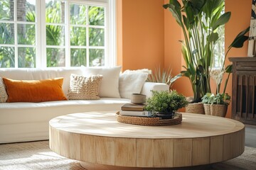 Relaxing Living Room Decor:  Modern Wooden Coffee Table with Plants & Pillows, Creating a Serene Atmosphere Indoors.