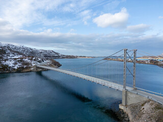 Norwegian bridge over the fjord, aerial view