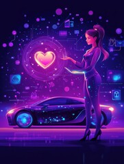 Businesswoman with heart likes using autonomos car with technology icons. Autonomous car, self-driving car, driverless robotic vehicle concept. Bright vibrant violet vector isolated illustration