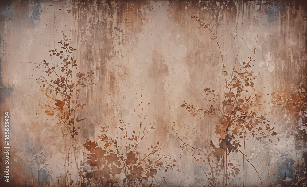 Poster wall with a brown background and a painting of trees. the painting has a vintage look to it, with th