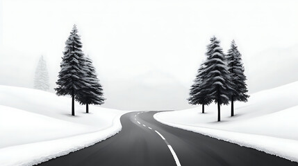 Fototapeta premium Winding snow-covered road surrounded by winter trees and misty landscape for concept