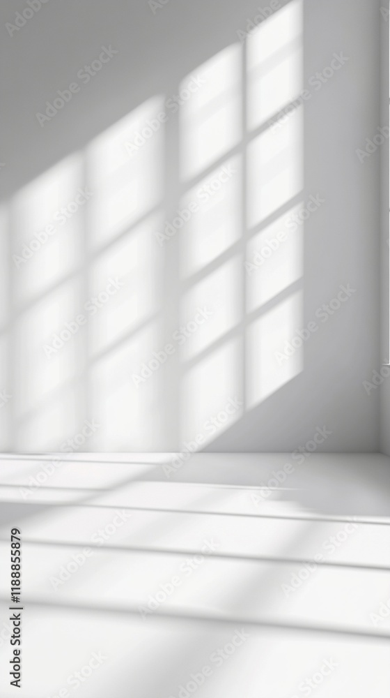 Poster minimalist white interior with window shadow patterns creating geometric shapes on blank wall and fl