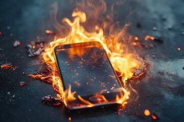 Smartphone engulfed in flames on dark surface highlighting fire hazard.