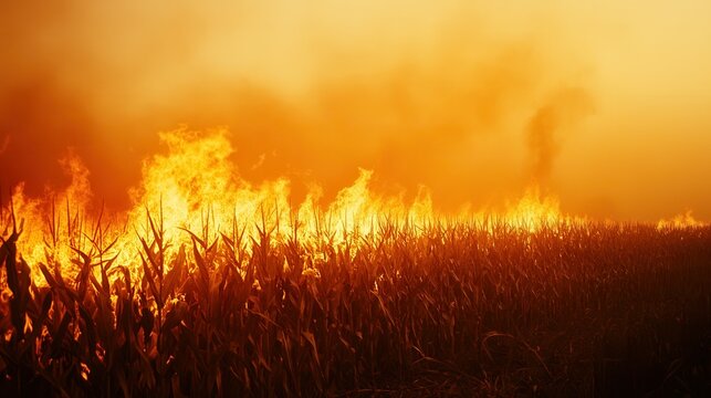 Intense fire engulfs cornfield with thick smoke and bright flames at sunset.
