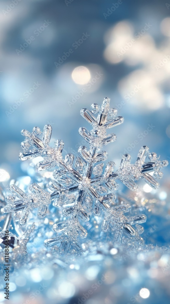 Poster a beautiful blue winter background highlights a detailed crystal snowflake, capturing the magic of w
