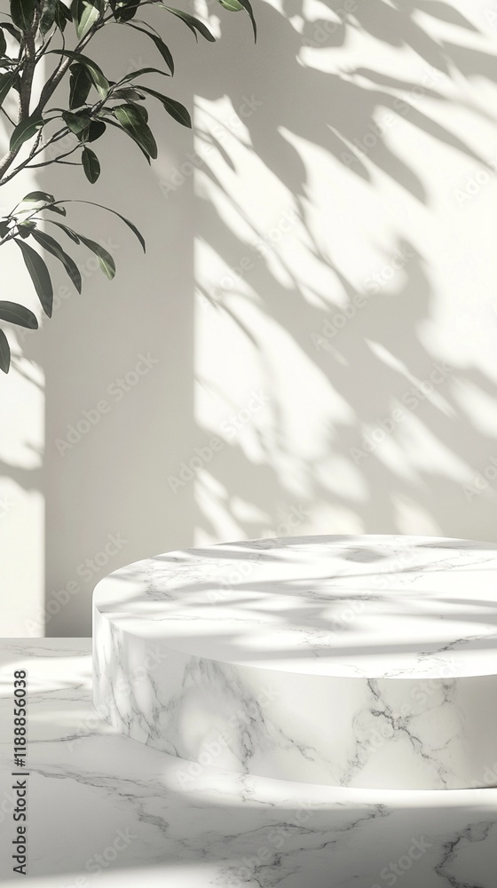 Poster minimalist marble podium with natural leaf shadows casting artistic patterns on white wall, creating