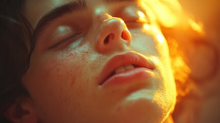 Fototapeta premium Close-up portrait of a young person's face, eyes closed, illuminated by warm, golden light.
