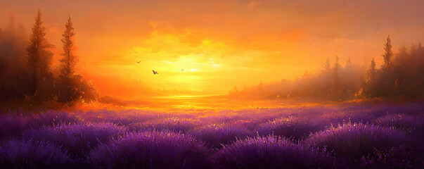 Obraz premium Sunset Lavender Field, Misty Forest