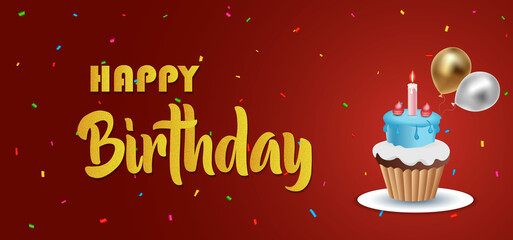 Happy Birthday golden text with cake background