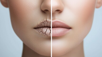 A close-up view highlights the stark contrast between dry, cracked lips and well-hydrated, smooth lips. This medical assessment illustrates the importance of proper lip care and hydration.