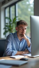Naklejka premium A young man with light brown hair sits pensively at his desk, gazing intently at his computer screen. The serene office environment, filled with natural light and greenery, enhances the atmosphere of
