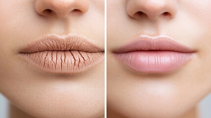 Two lips are displayed side by side, emphasizing the contrast between cracked, dry skin and smooth, hydrated texture. This highlights the importance of lip care and moisturizing treatments.