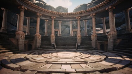 Fototapeta premium Ancient Roman amphitheater, circular stone arena, crumbling ruins, dramatic lighting, sunbeams through arches, dusty atmosphere, cinematic view, realistic 3D rendering, historical architecture, epic s
