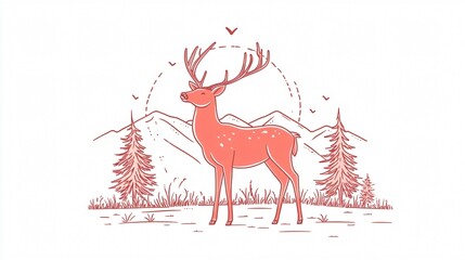 Minimalist Line Art of Cute Male Deer in Natural Landscape