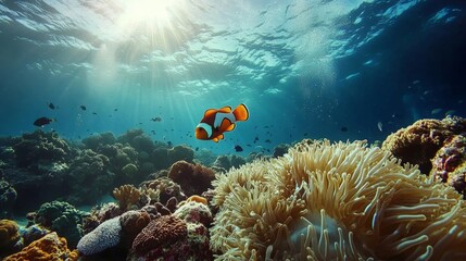 Obraz premium Thriving Coral Reef Ecosystem Abundance of Marine Life, Crystal Clear Water, and Dappled Sunlight