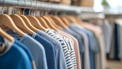 Fototapeta premium Close-up of a rack showcasing trendy, colorful clothing. A modern shopping center store with stylish, sustainable designs crafted for all tastes. High-quality materials. No people.