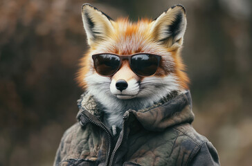 In a vibrant woodland, a fox confidently dons sunglasses and a jacket, embodying a stylish and relaxed demeanor. The greenery and soft sunlight create a playful atmosphere.