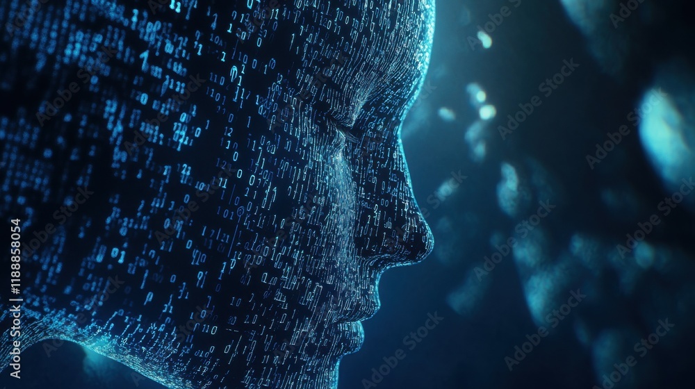 Poster abstract binary code face outliine interface on dark blue background. machine learning and ai concep